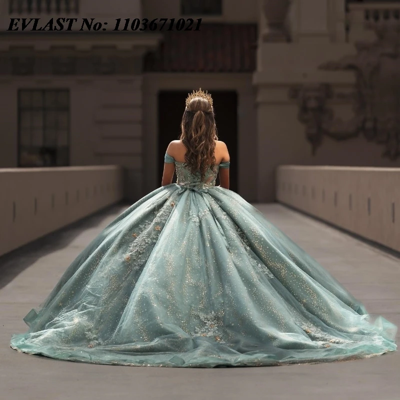 EVLAST Mexican Aqua Quinceanera Dress Ball Gown Shiny Lace Applique perline corsetto di cristallo dolce 16 Vestidos De XV Anos SQ338