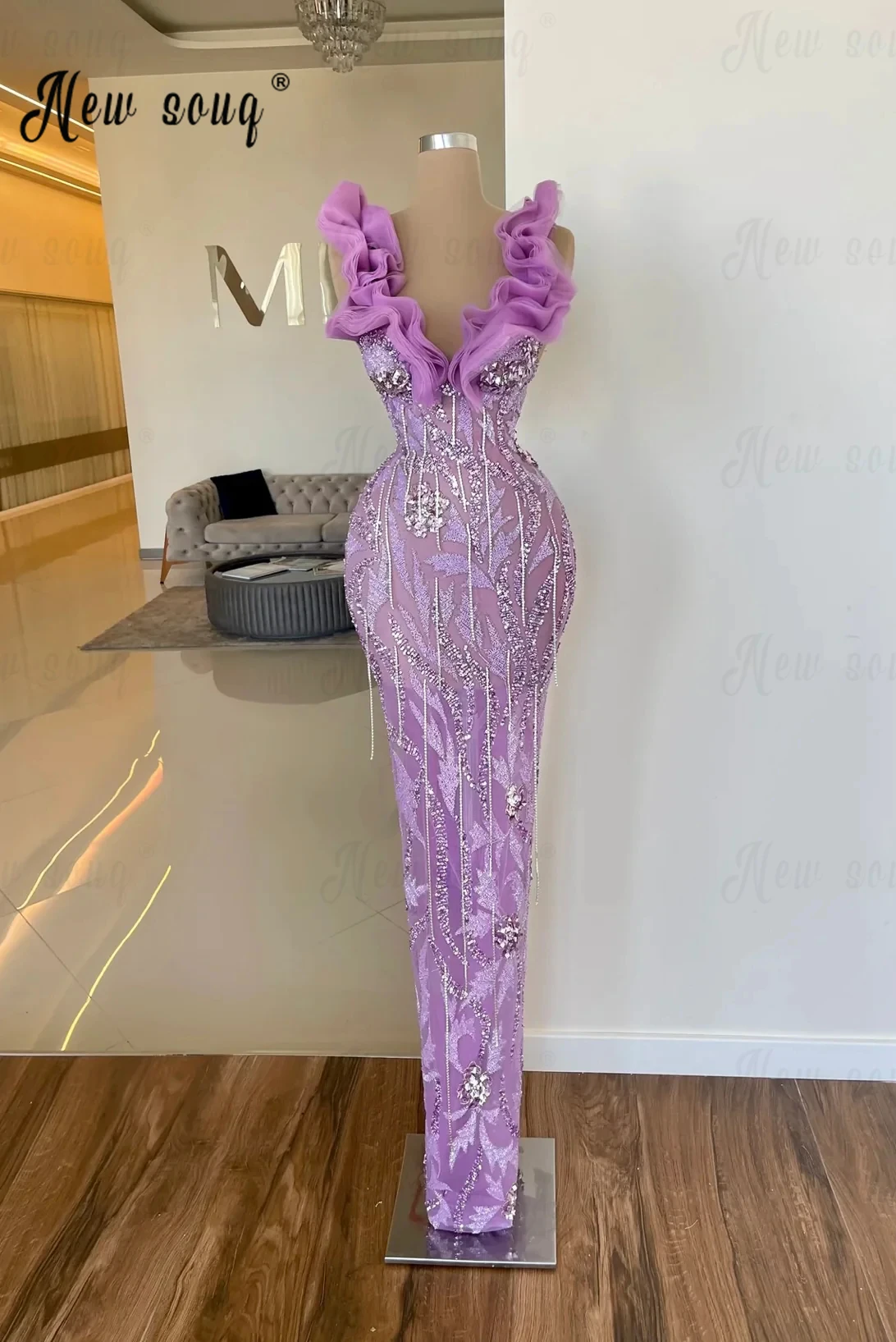 Elegant Violet Ruffles Neck Mermaid Evening Dress Arabic Long Celebrity Dresses Formal Prom Gowns Custom Made Vestidos De Noche