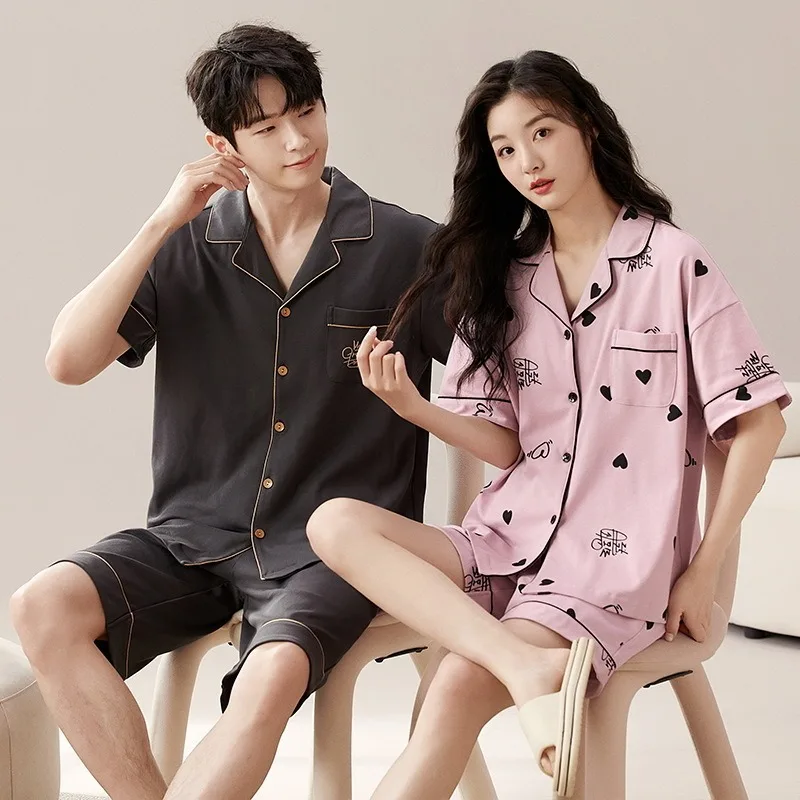 Couples Cotton Sleepwear Summer Homewear Women\'s Short Sleeve Pajamas Set Men Shorts Nightwear Cardigan Loungewear