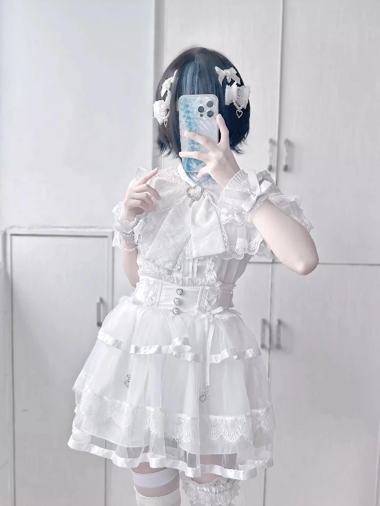 Camicia da donna versatile dolce e carina monopetto a maniche lunghe con fiocco a cuore in patchwork di pizzo prodotto in serie in stile miniera giapponese per le donne