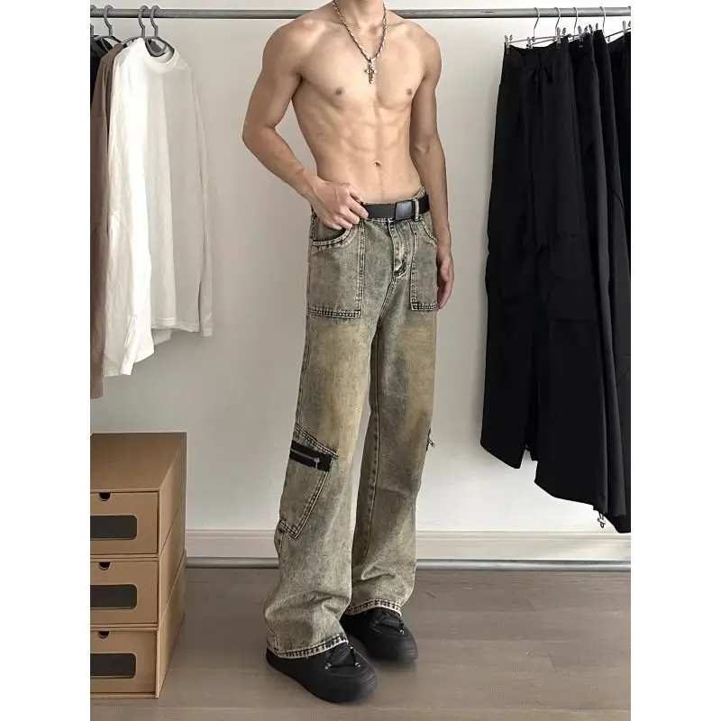 American Vibe High Street Ruffian Handsome Straight Jeans Men's Mud Yellow Tall Extended Pants Slightly Wide Leg Pants