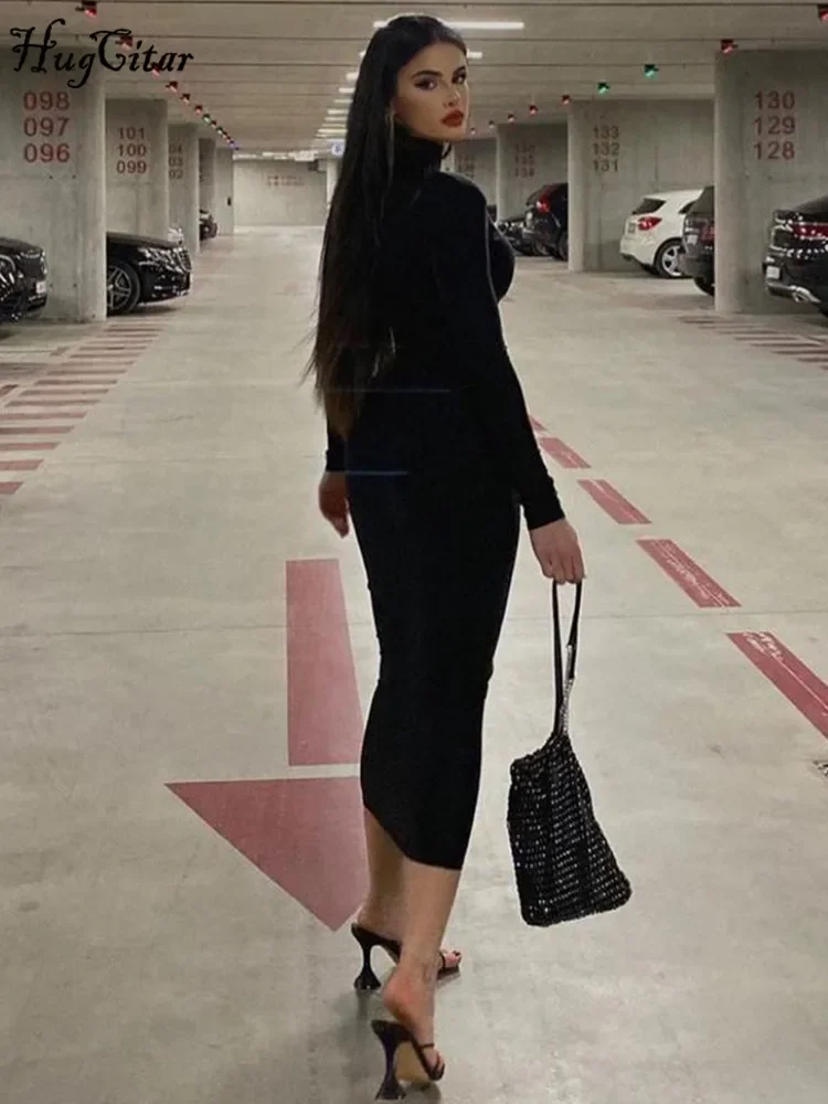 Hugcitar أزياء المرأة الياقة المدورة طويلة الأكمام أسود مثير Bodycon ماكسي فستان الحفلة الراقصة الخريف ملابس كاجوال ملابس الشارع الشهير مهرجان الحفلات