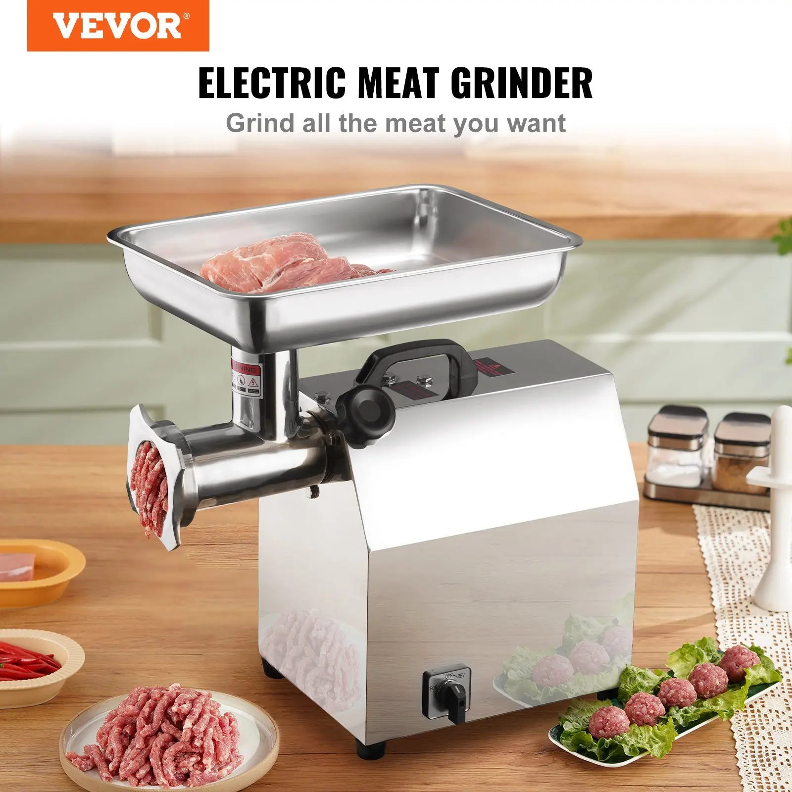 Electric Meat Grinder, 396 Lb/H Capacity, 1100W (4600W MAX) Industrial Meat Mincer with 2 Blade, 3 Grinding Plates