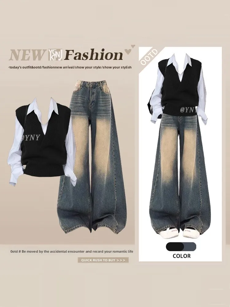 

Winter Knitted Bla Vest irt And Wide Leg Jeans Women's Two Piece Set Faionable Maturi Sle College Campus Look