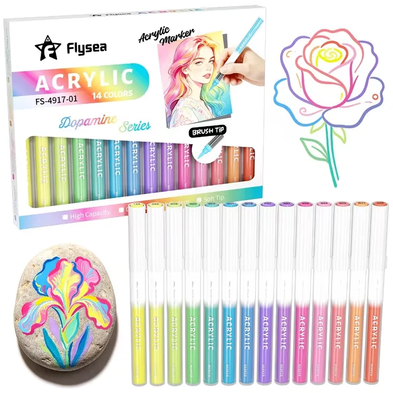 Flysea Acrylic Paint Markers, 14 Colors Water-Based Acrylic Markers with Soft Brush Tip, 0.5–5mm Flexible Tip Direct Liquid Paint Pens for Glass, Stone, Wood, Metal, Ceramic and DIY Art Crafts