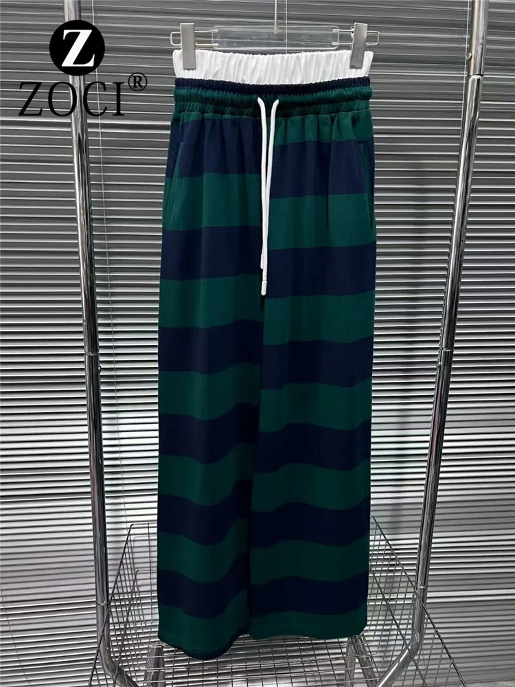 2024 Autumn New American Drawstring Wide Leg Pants, Color Blocked, Green Wide Stripe, Drop Feel Casual Pants For Women