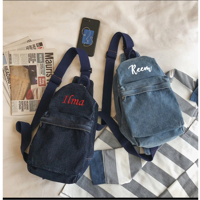 Sac à dos en denim avec nom personnalisé, sac à bandoulière personnalisé, sac à dos décontracté pour couple, mode personnalisée, nouveau