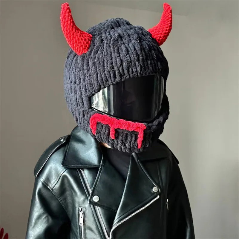 Trendy Devil's Horns Motorcycle Helmet Headgear Cover Creative Cartoon Knitted For Motocross Full-Face Protective Helmets Case