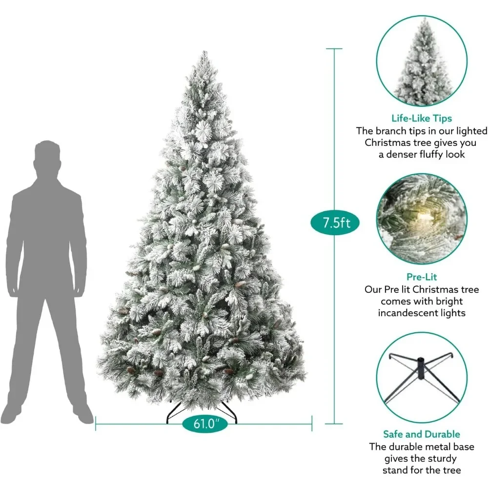 Frosted Prelit Artificial Christmas Tree with Pine Cones, Foot Pedal, 1556 Branch Tips, 750 Warm Lights & Metal Stand