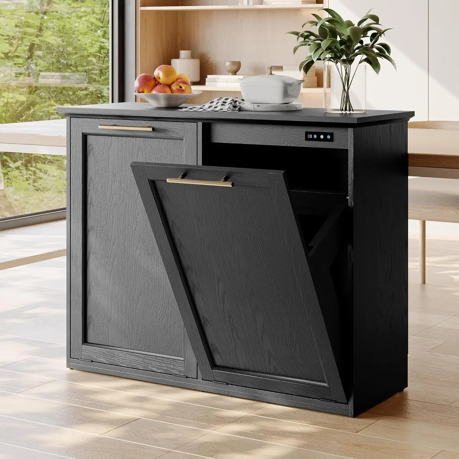Trash Cabinet with Quick Installation and Deodorising Function, Wooden Trash Can Cabinet for Dining Room and Kitchen, Black