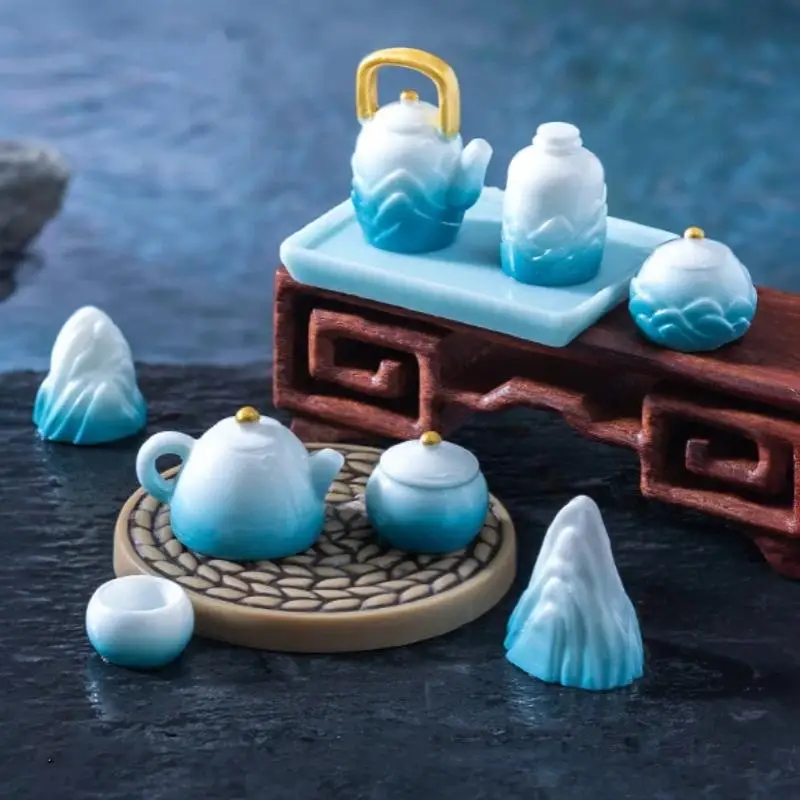 9Pcs Dollhouse Miniature Fairy Garden Decoration Tea Set Mountain Figurine Ink Landscape Style DIY Home Decor