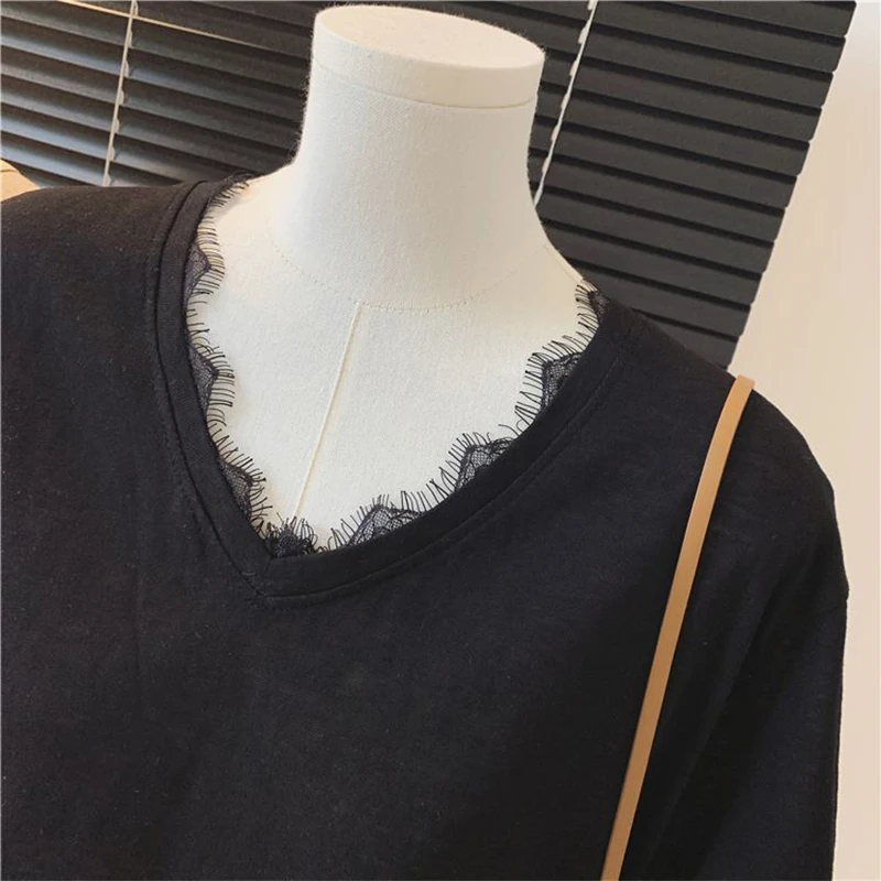 Pure Desire Style Lace Spliced V-Neck Tees for Women Summer Solid Short Sleeve T-Shirts Casual Loose Female Plus Size Thin Tops