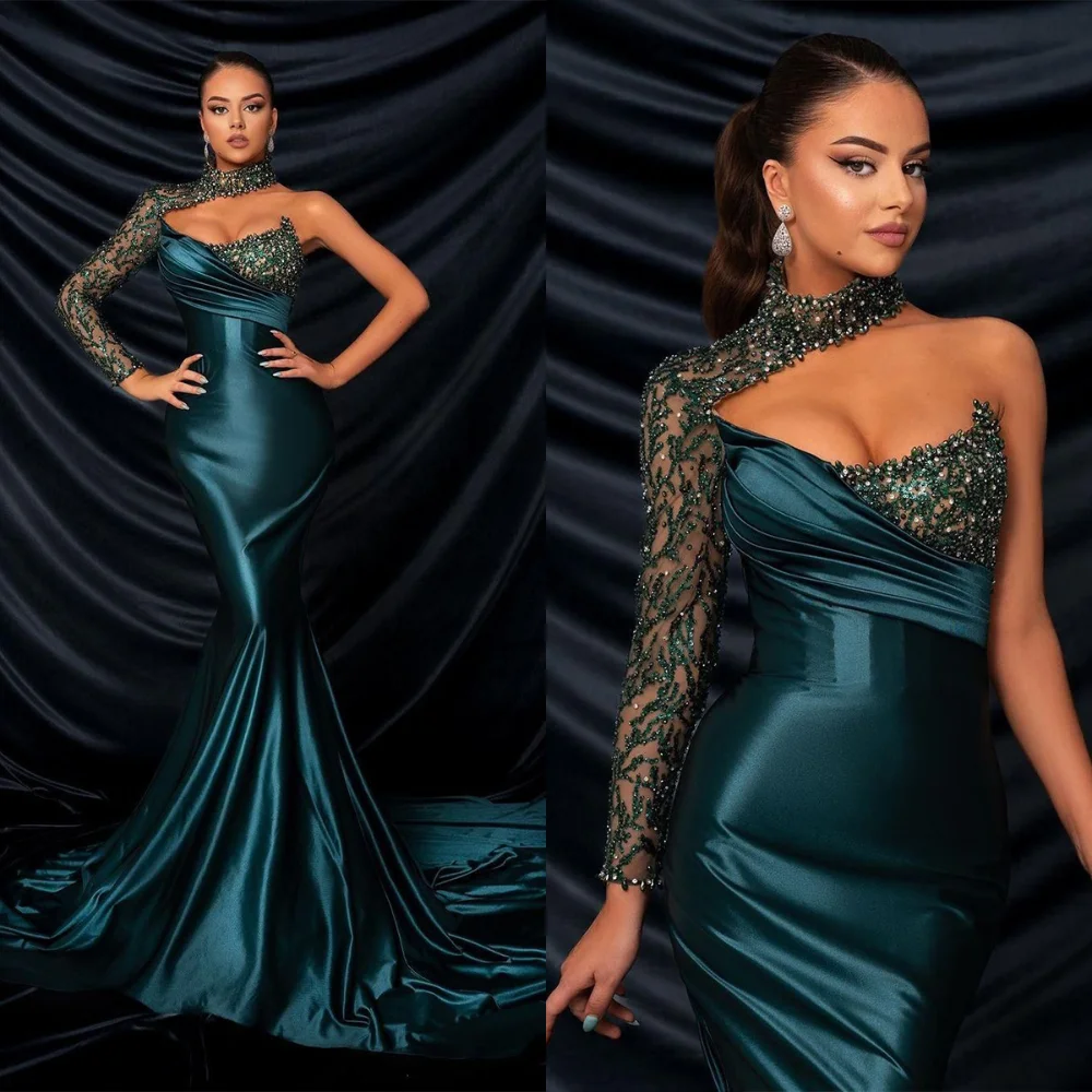 

Luxury One-Shoulder Prom Dresses Fashion Beaded Sequined Mermaid Evening Gowns Sexy Chic Pleat Sweep Train Women Party Dresses