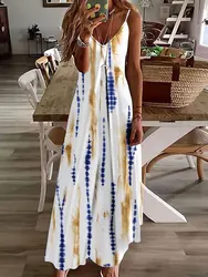 Spring and Summer Women's Suspender Long Dress Vintage Striped Printed V-Neck Dress Bohemian Fashion New Loose Vest Long Skirt