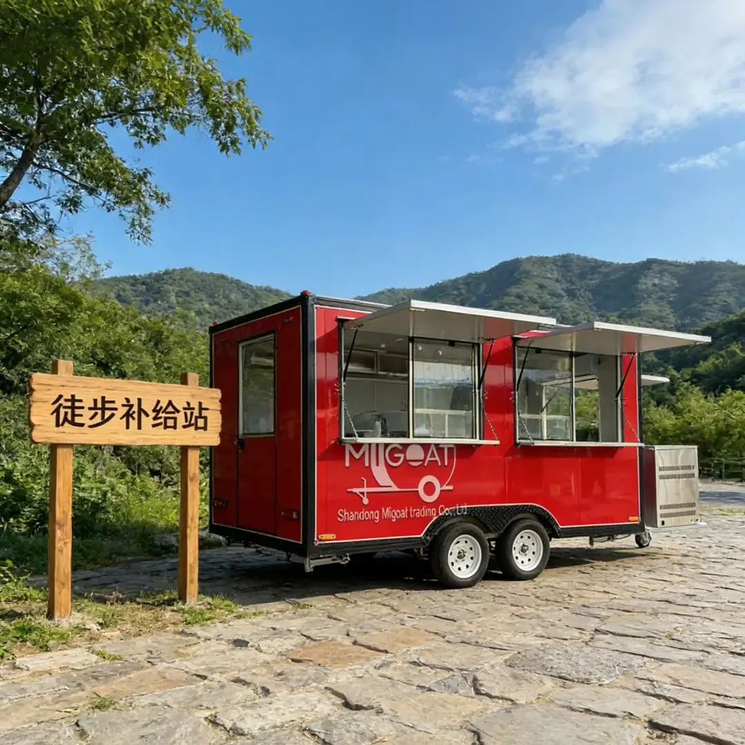 Red Mobile Food Truck Catering Trailer Commercial Kitchen Cart with Stainless Steel Workstation for Business Use