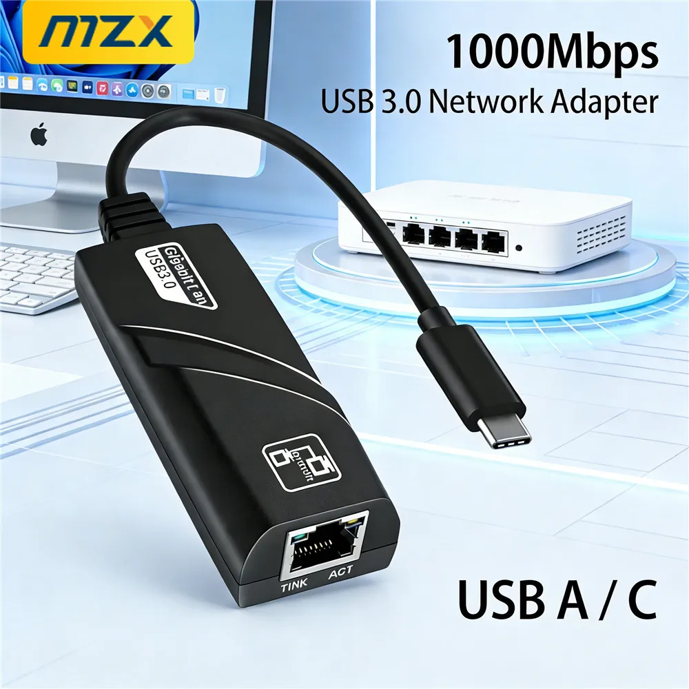 MZX 1000Mbps Gigabit Network Card Adapter USB 3.0 A Type C Wired LAN WAN Driver 1000M PC Laptop - Ethernet Networking Adapter