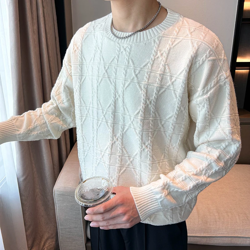 Winter Sweater Men Warm Fashion Round Neck Knitted Pullover Men Slim Fit Korean Casual Long Sleeved Sweater Mens Jumper Clothes