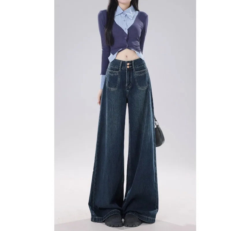 

Темно-синие широкие джинсы с высокой талией в стиле ретро для женщин на весну и осень. Новые узкие свободные драпированные брюки большого размера.