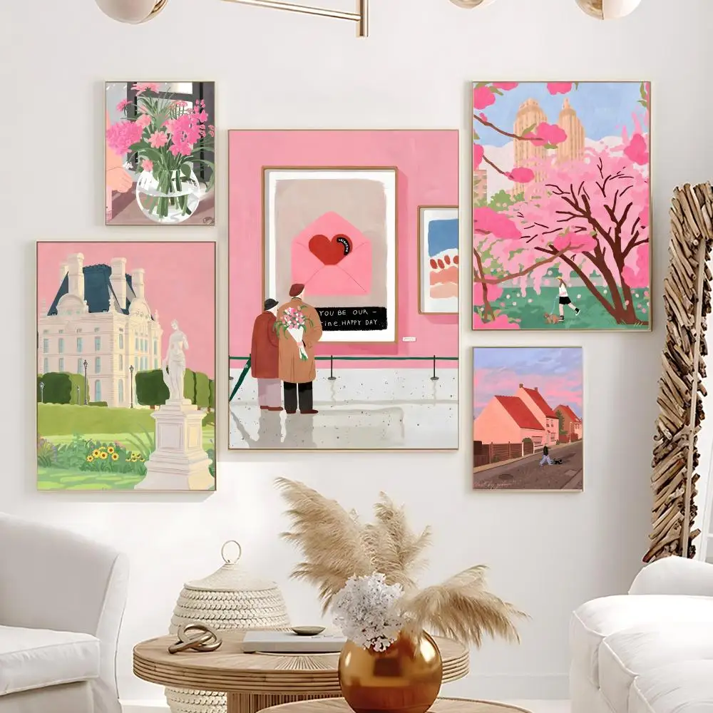 Happy Pink Bubbles Illustration Poster HD Self-Adhesive Waterproof Frameless Wall Art for Home Office Dorm Bedroom Ideal Gift
