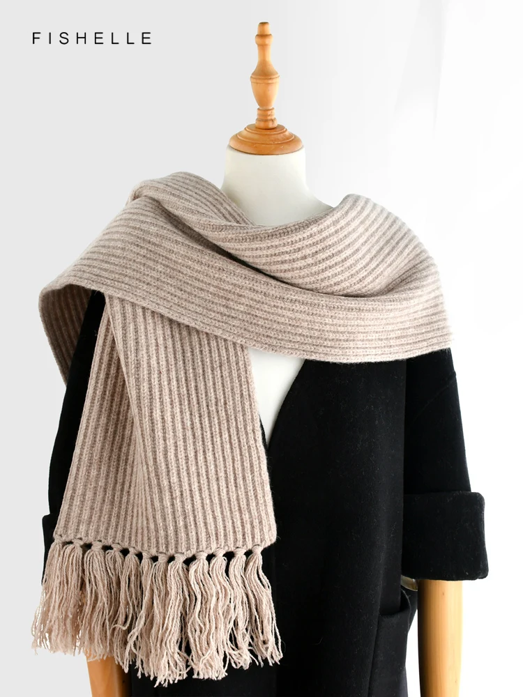 khaki tassels pure 100% wool scarf thick for women's luxury gifts soft warm shawl winter lady soft long scarf knitting