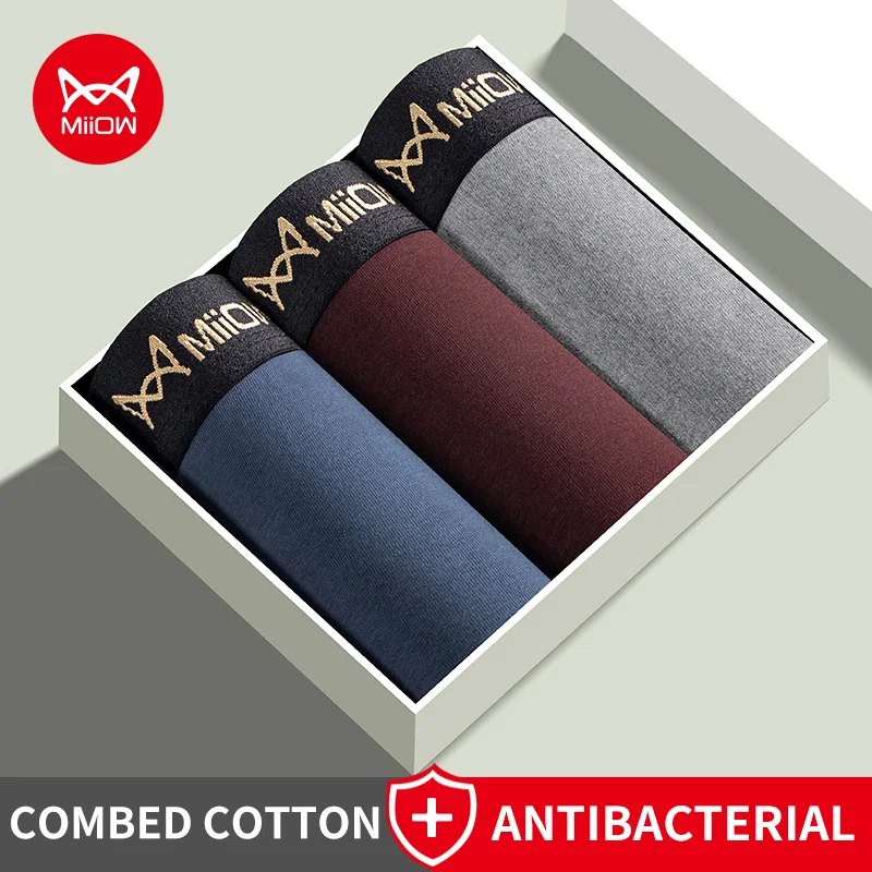 MiiOW 3Pcs Cotton Men Underwear Boxer 5A Antibacterial Breathable Mesh Crotch Man Underpants Men's Plus Size Panties Boxershorts