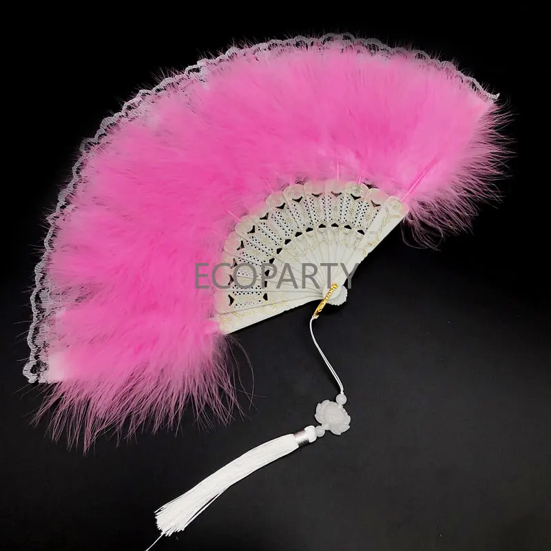 Lolita Feather Folding Fan Girl 1920s Flapper Dance Dark Gothic Court Dance Hand Fan with Pendant Gift Wedding Party Decoration