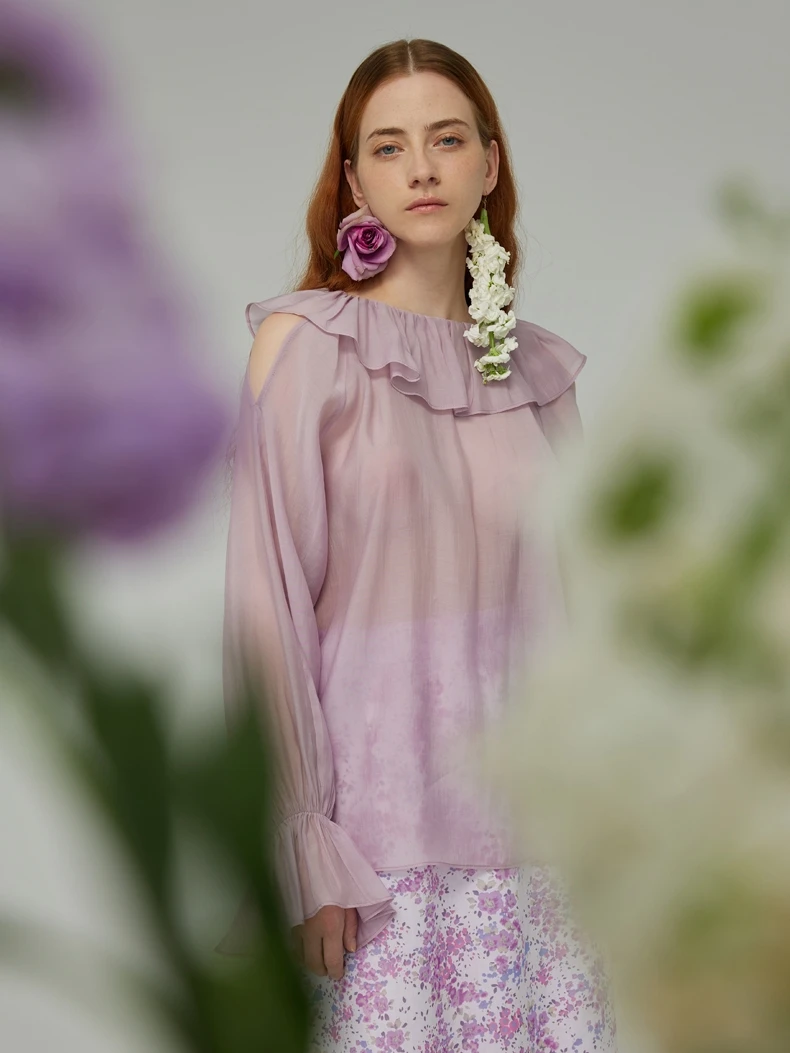 

Романтический топ с открытыми плечами и кружевной отделкой, фиолетовый, для повседневной носки, свободного кроя, с длинными рукавами, круглым вырезом, однотонный