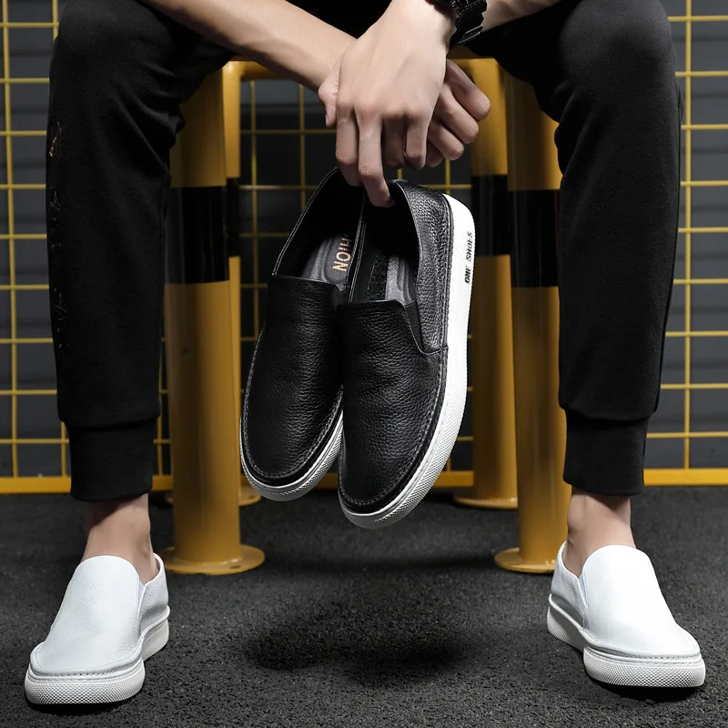 British Style Genuine Leather Men Casual Loafers Spring/Autumn Sewing Slip on Shoes Lazy Soft Sole Designer Flats White Black