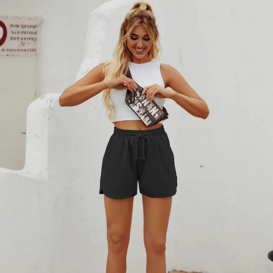 عالية الجودة بلون المألوف عالية الخصر عارضة مستقيم الرباط السراويل بانت الملابس النسائية الصيف #3