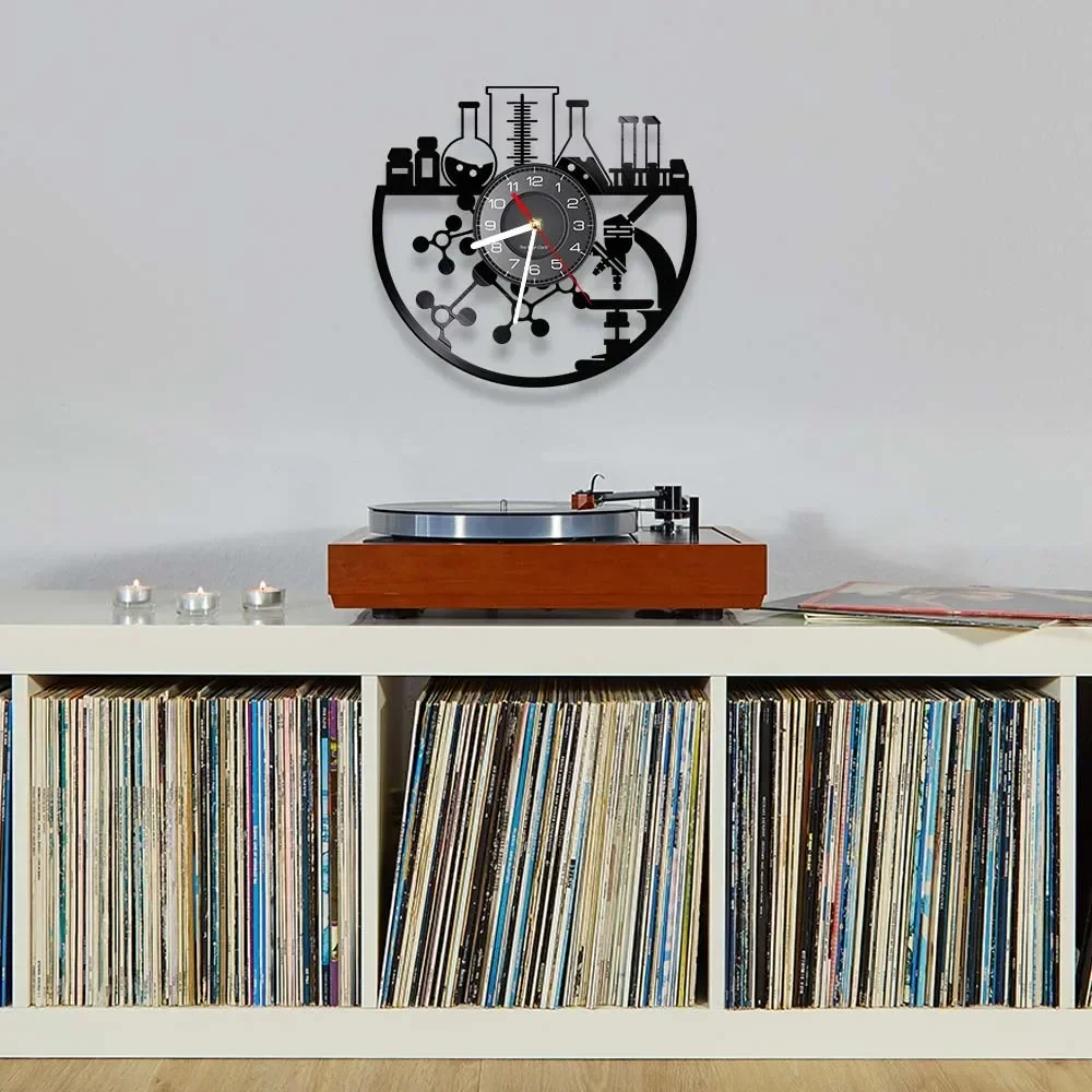 Chemical Experiment Vinyl Record Wall Clock Chemistry Microscope Bunsen Burner Retro Wall Watch Laboratory Science Decor Watch view 4