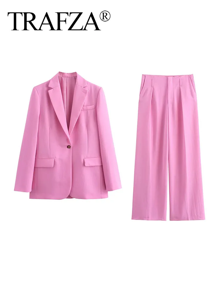 TRAFZA Woman 2 Piece Trouser Set Pink Lapel Single Button Pockets Blazer + High Waist Commute Office Lady Female Wide Leg Pant