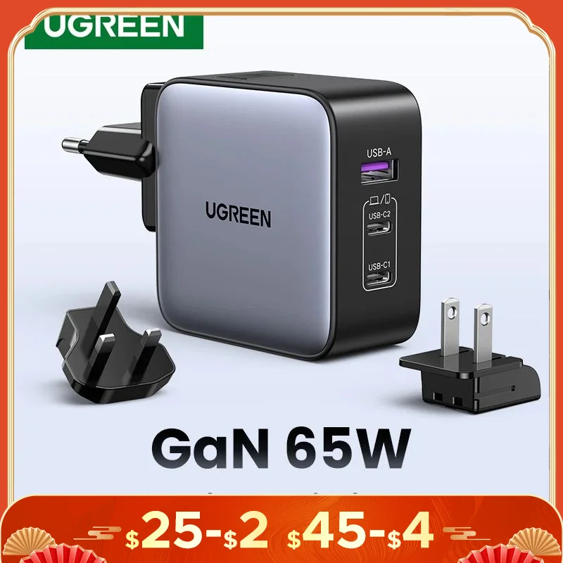 

UGREEN GaN 65W Travel Adapter All-in-one Travel Charger with 1 USB Ports and 2 Type C Wall Charger for US EU UK Travel