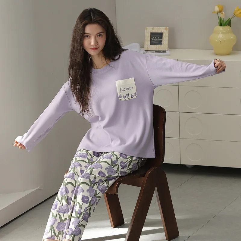 Flower Women Pajamas Long Sleeves Long Pants Autumn Winter Cute Sleepwear Sweet Pyjamas Casual Pijamas Girls Pajama Set Soft Pjs