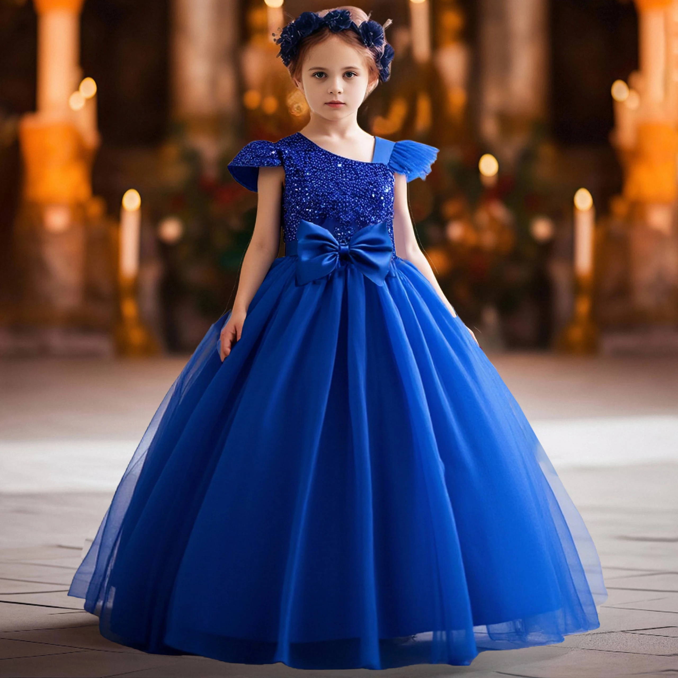 

Elegant Sequin Bridesmaids Girls Dress 13-16Yrs Sumemr Tulle Bow Wedding Princess Party Dresses Girl Birthday Christmas Costume
