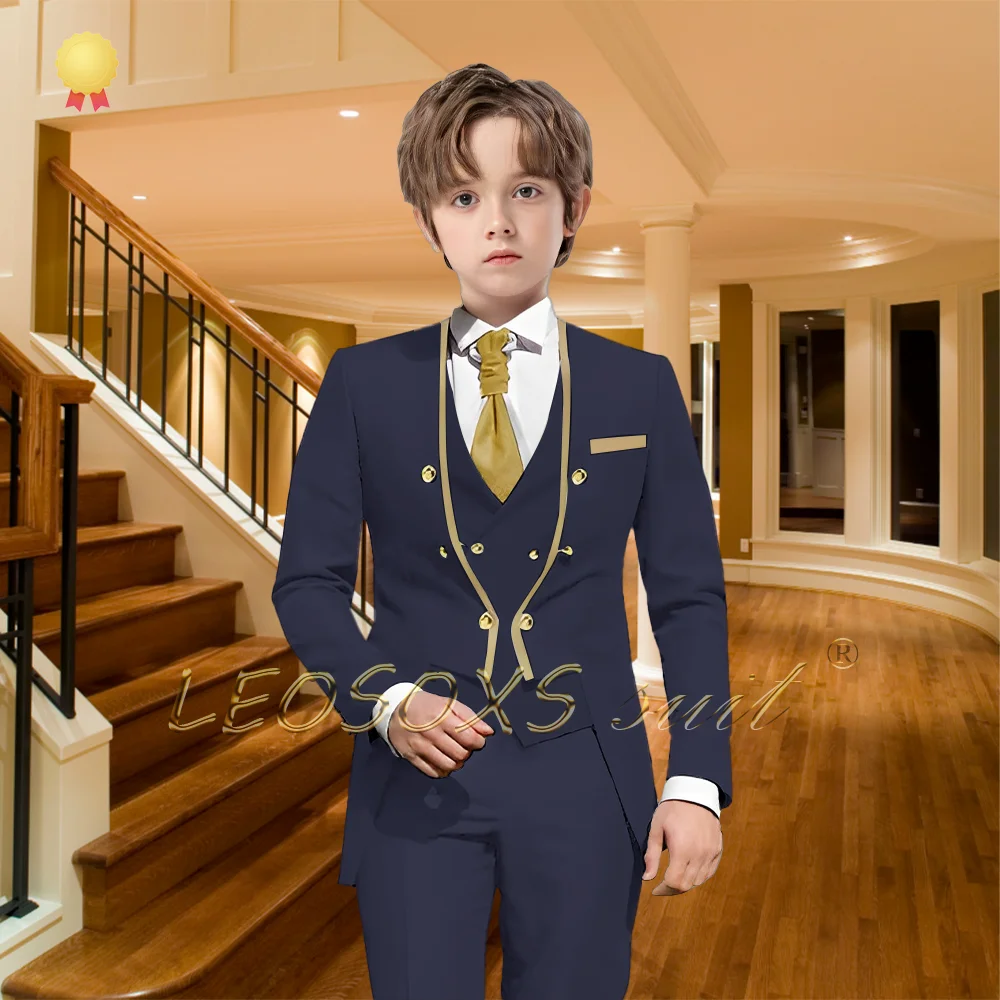 Children's Long Tuxedo with Hem Collar 3-Piece Suit, 3-16 Years Old Boys Elegant Wedding Party Graduation Ceremony Formal Suit