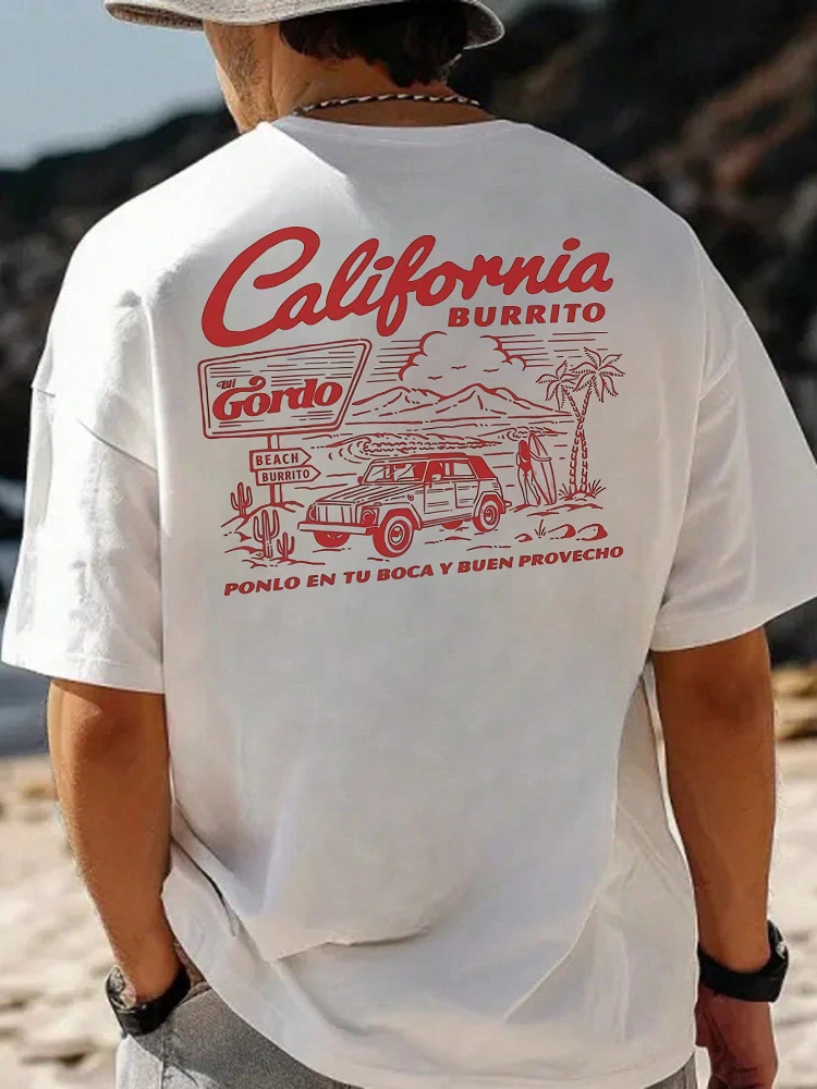 Men's retro pattern-retro car and surf print, breathable 100% cotton summer casual O-neck short-sleeved T-shirt.