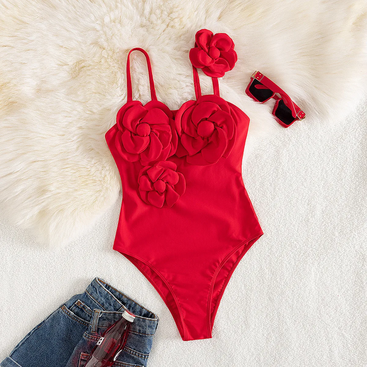 

Pure Color 3D Flower ter One-Piece Swimsuit Women's New 2025 Cross-Border Inteated Swimwear Easy-To-Wear Design