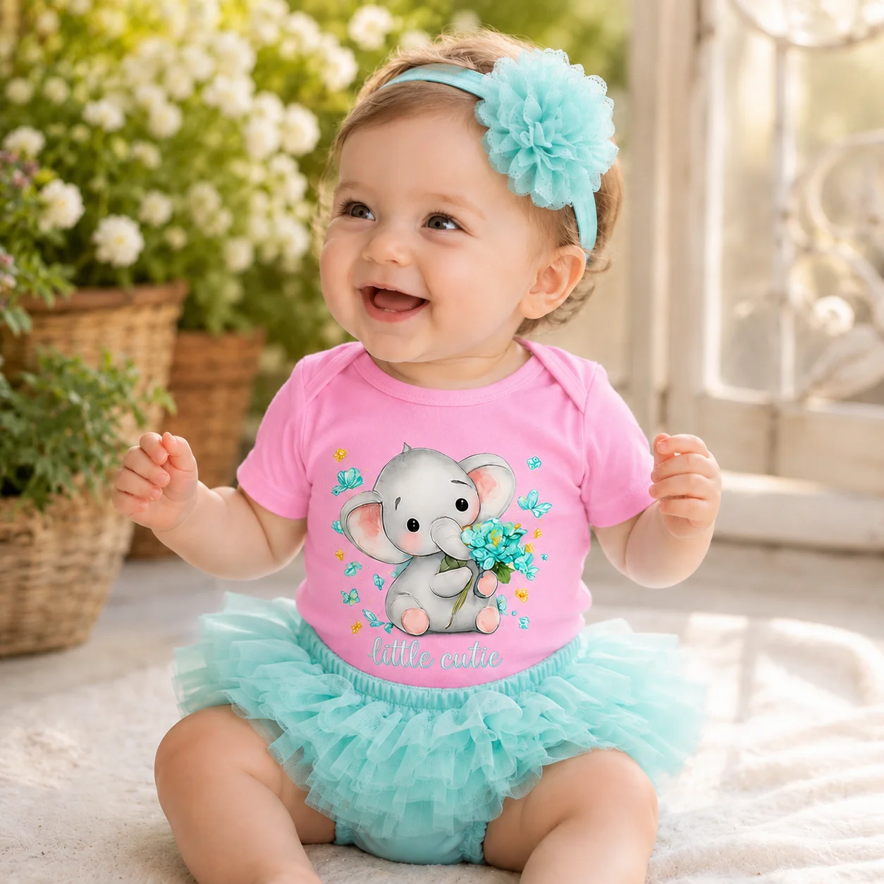6-18M Infant Baby Girl Clothes Set Cute Elephant Print Short Sleeve Bodysuit Tutu Bloomer with Headband Newborn Photography Outf 4