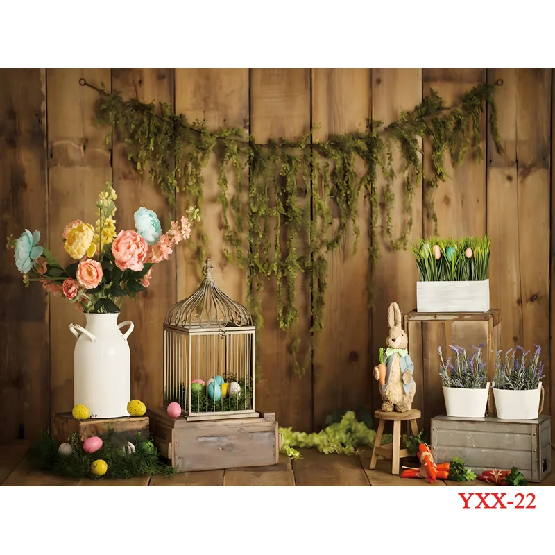 Green Spring Easter Day Photography Backdrops Props Hare Rabbits Colorful Eggs Wood Photo Studio Background VV-95