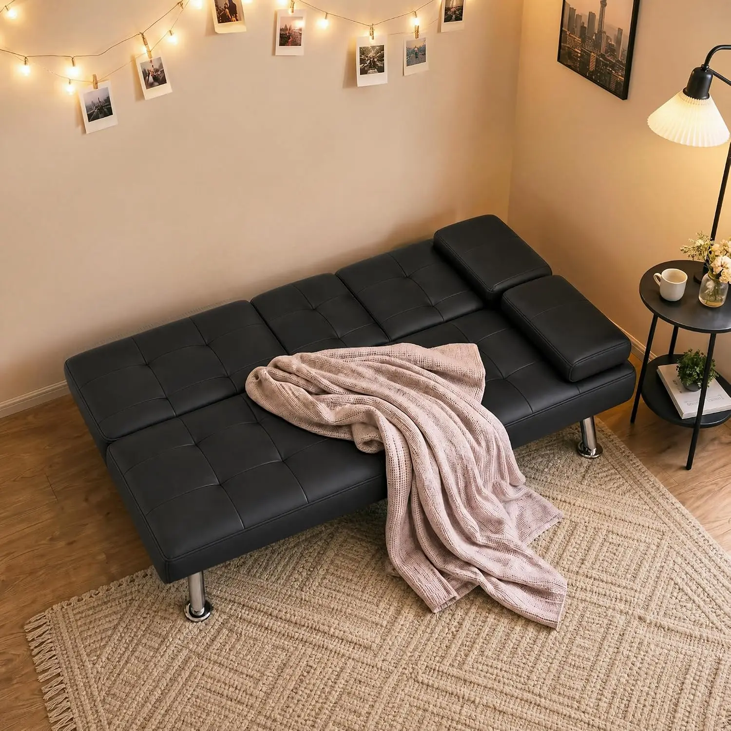 Black Faux Leather Convertible Futon Sofa Bed Loveseat For Living Room Office, Customized