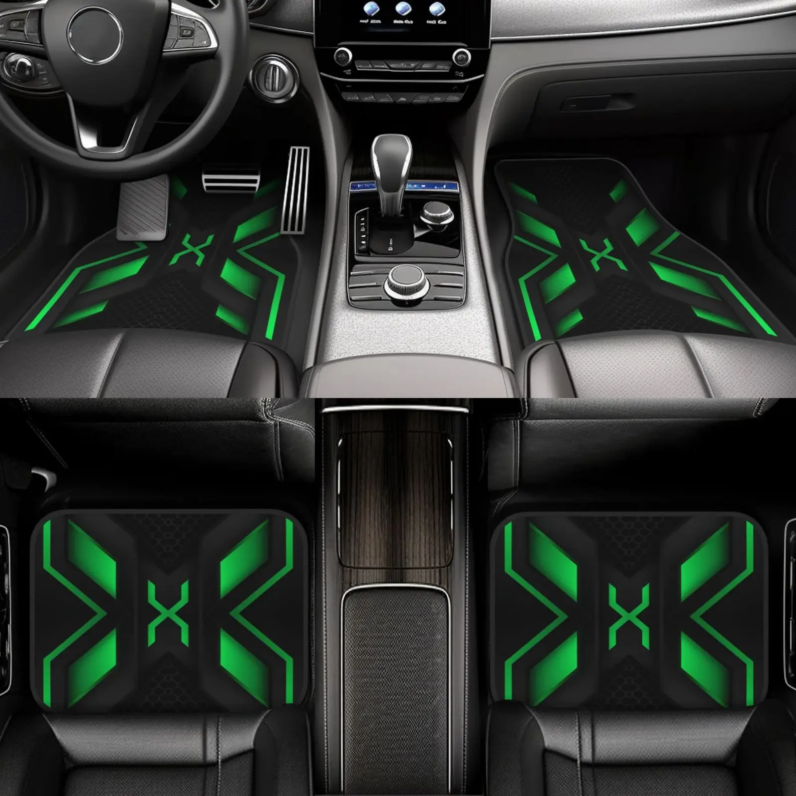 4pcs Stylish Car Floor Mats | Green And Black Geometric Design - Durable Polyester, Suitable For Most Cars, SUVs, Trucks | Inter