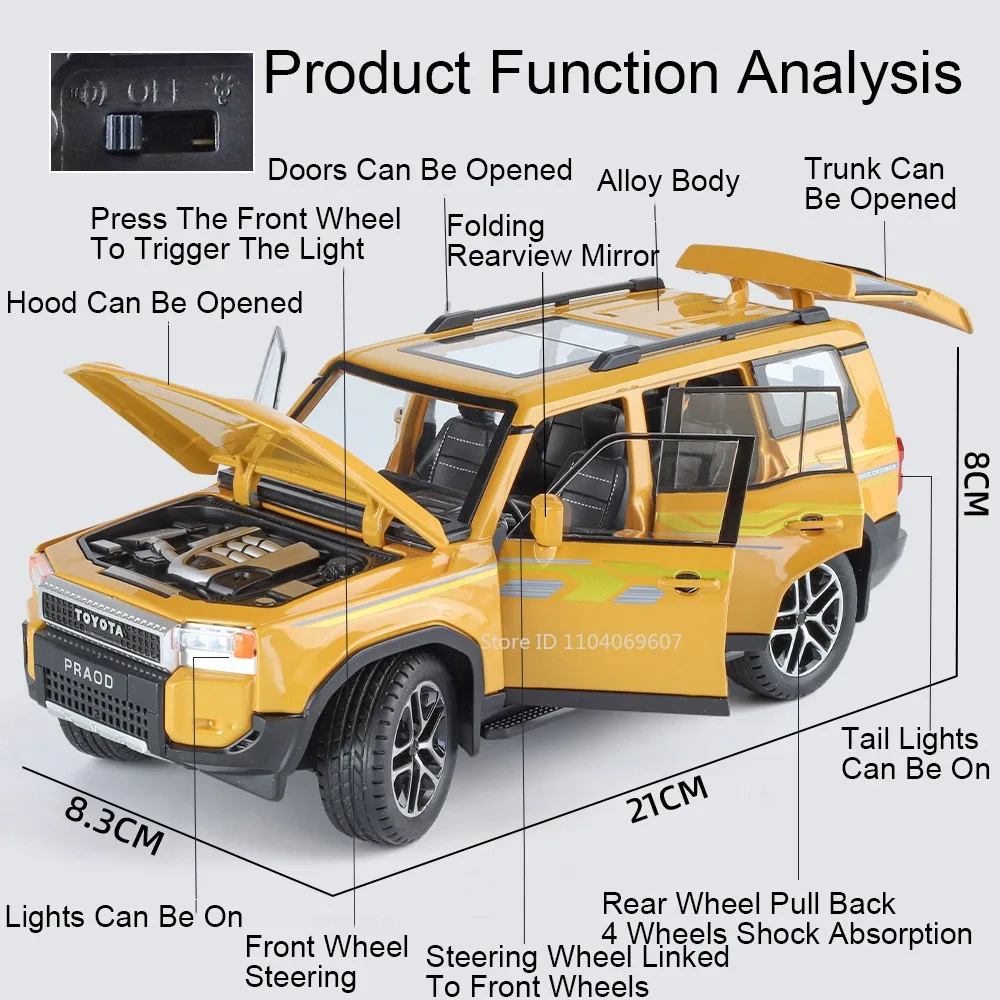 1:24 Prado LC250 Model Toy Cars Alloy Diecast FJ Cruiser Miniature Car Models Sound Light Doors Opened Pull Back for Kids Gifts