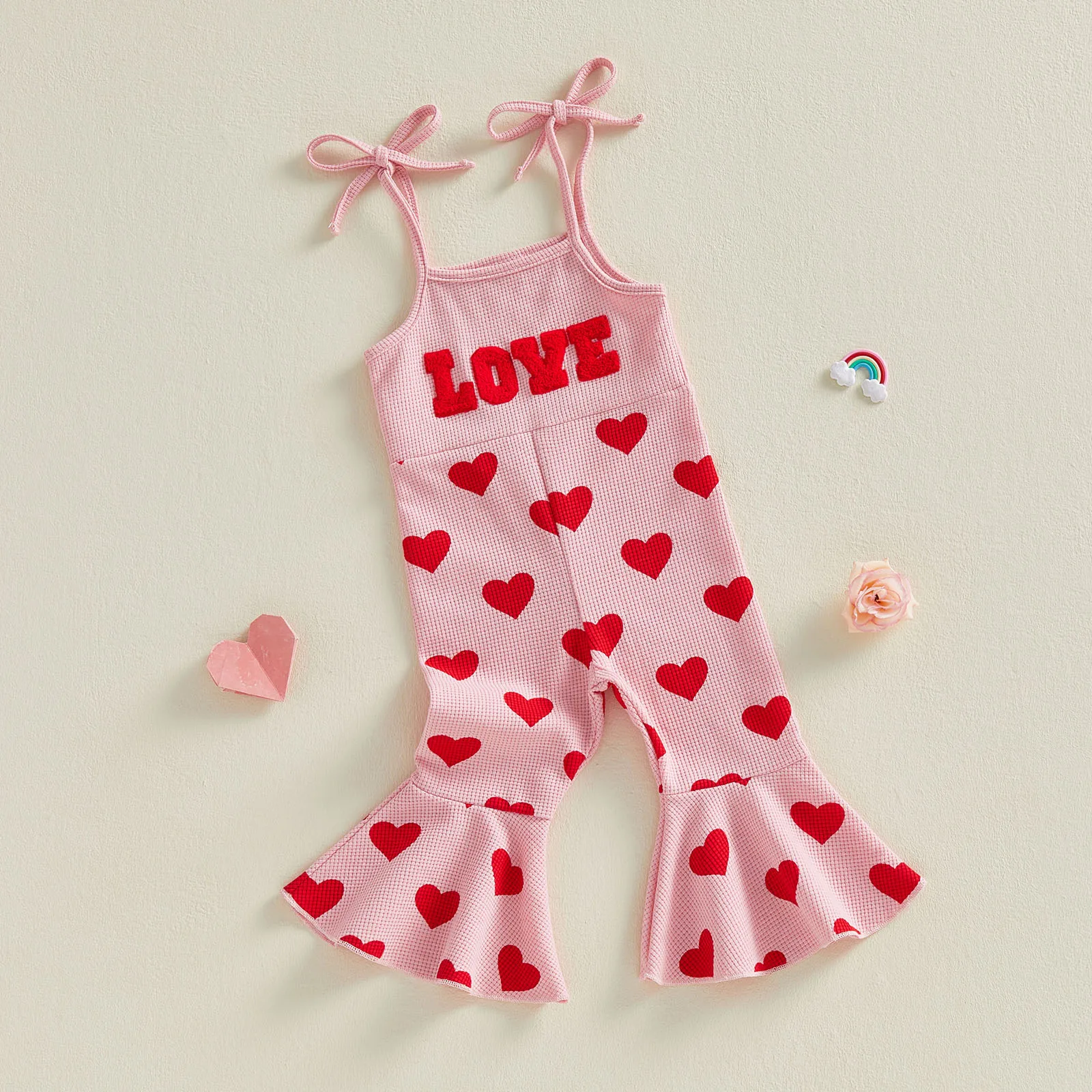 Lovely Baby Kid Girls Jumpsuit Sleeveless Heart Print Embroidery Letters Pants Bottoms Overalls for Valentines Day