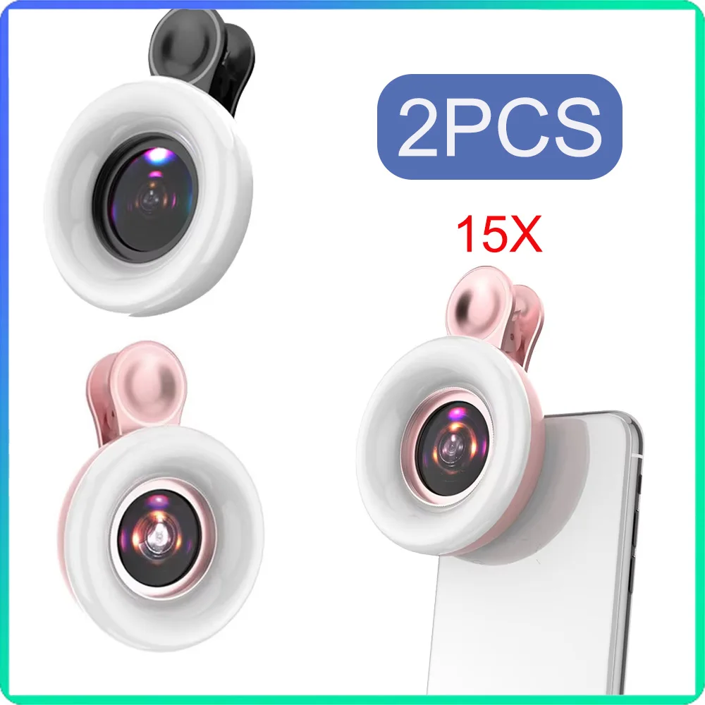 2PCS Lens Clip Mobile Phone Fill Light 5X Macro Lens Universal Portable Selfie LED Ring Light Macro HD Lens For phone Ring Clip