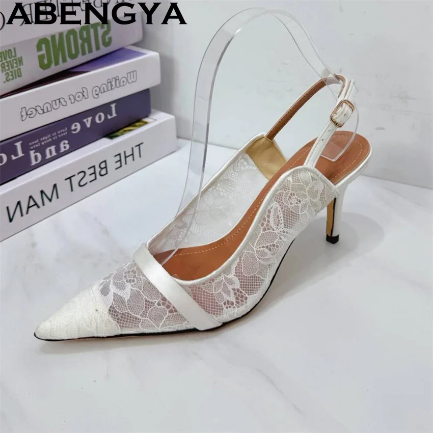 Lace Clothes Pointy Toe High Heels Sandals Women Black White Shallow Mouth Gladiator Sandals Woman Summer Sexy Dress Shoes Mujer view 3