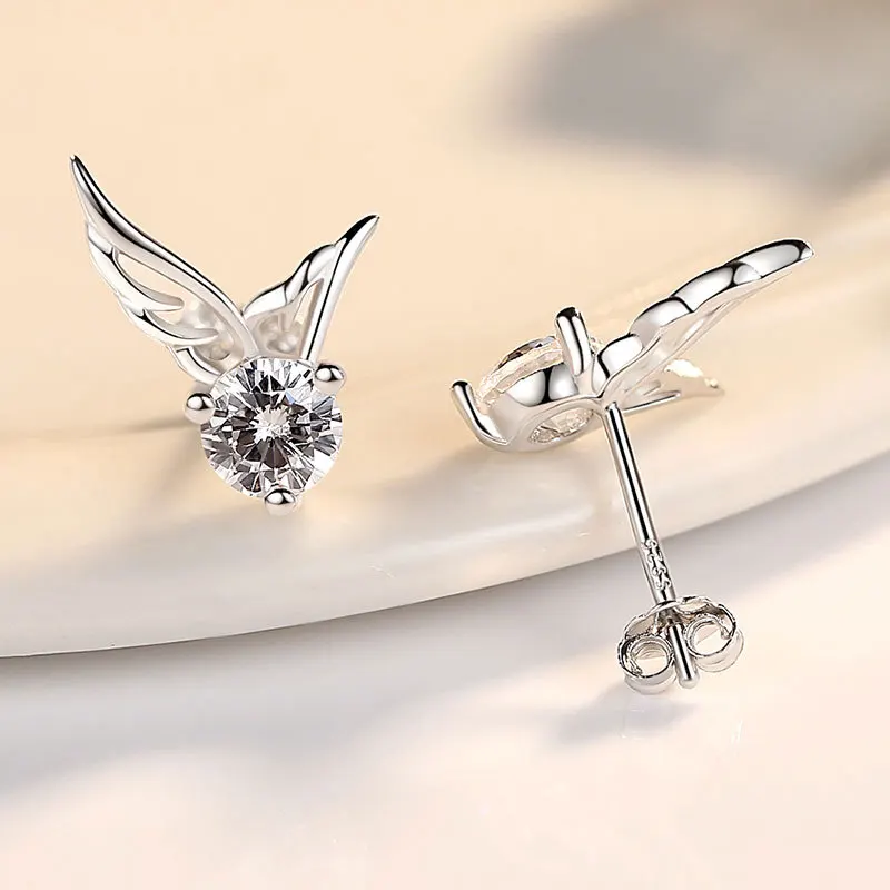 Solid 925 Sterling Silver New High Quality Jewelry Crystal Angel Wings Stud Earrings For Women XY0223