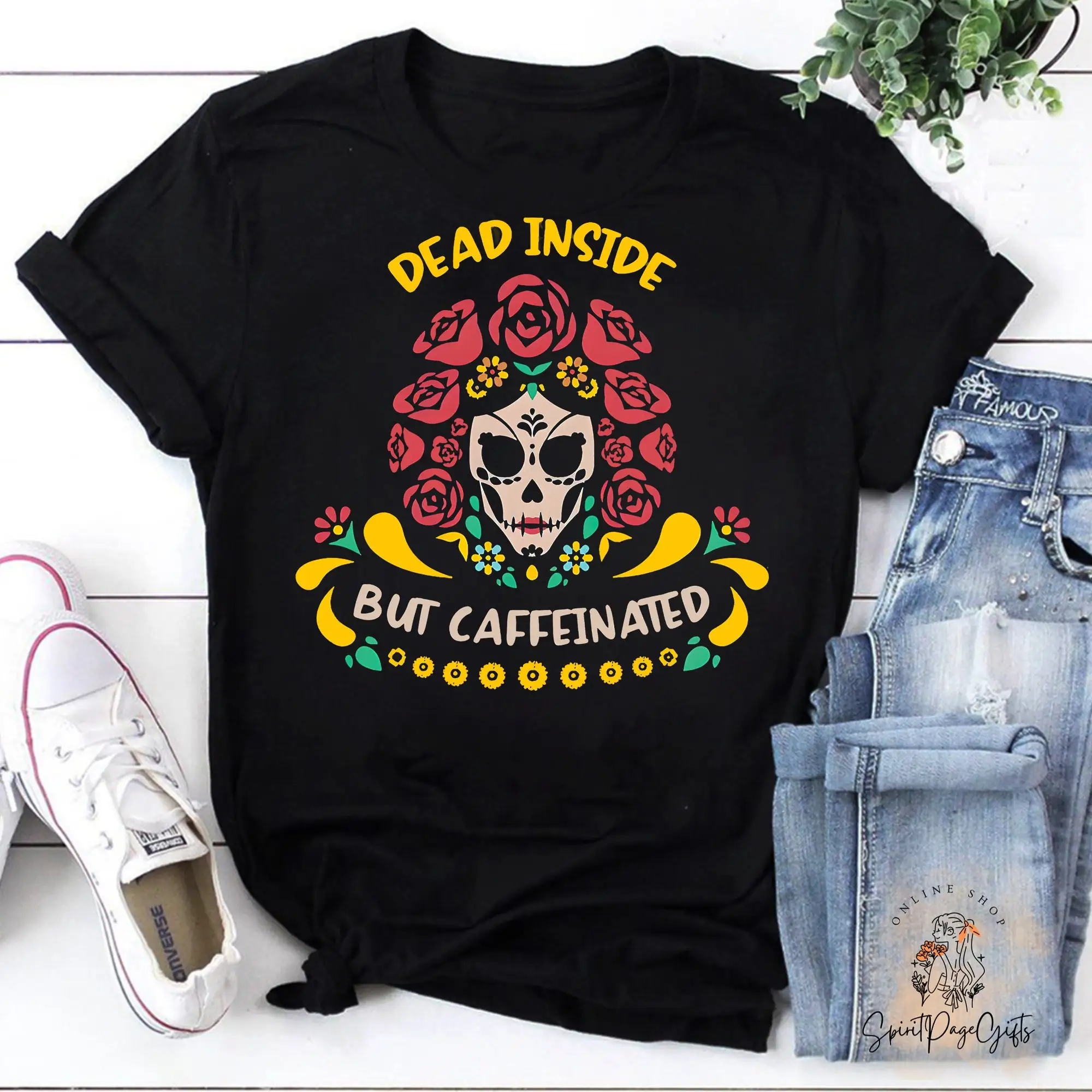 

Dead Inside But Caffeinated Coffee Lover Vintage T Shirt Skull Funny Fall