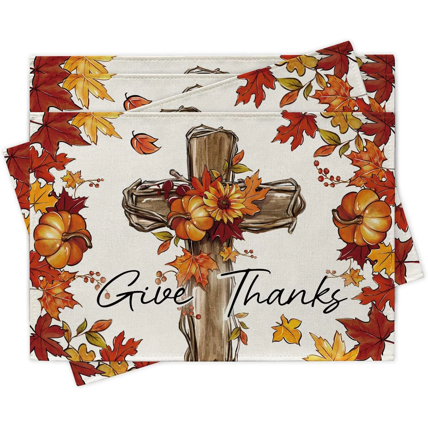 Religious Give Thanks Cross Autumn Leaves Placemats Heat Resistant Stain Proof For Thanksgiving Family Dinner