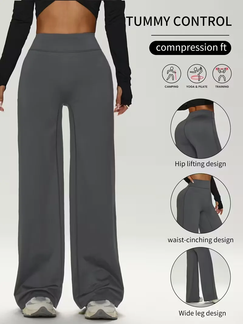 Ladies High-Waist Butt-Lifting Wide Leg Yoga Pants Soft Elastic Straight Fitness Trousers Skin-Friendly High Elasticity