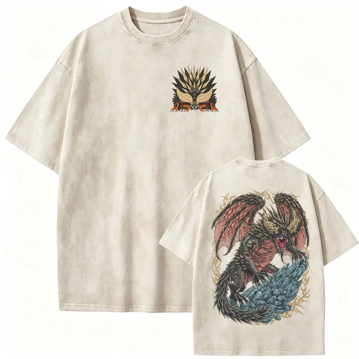 Vintage Washed Monster Hunter Graphic T Shirts Nergigante The Extinction Dragon Game Fans T-Shirt Men's Clothing Oversized Tees